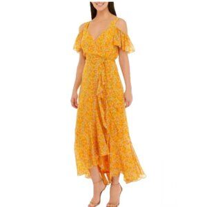 Maison Tara Short Sleeve Cold Shoulder Crepe Ditsy Floral Maxi Dress Sz 18